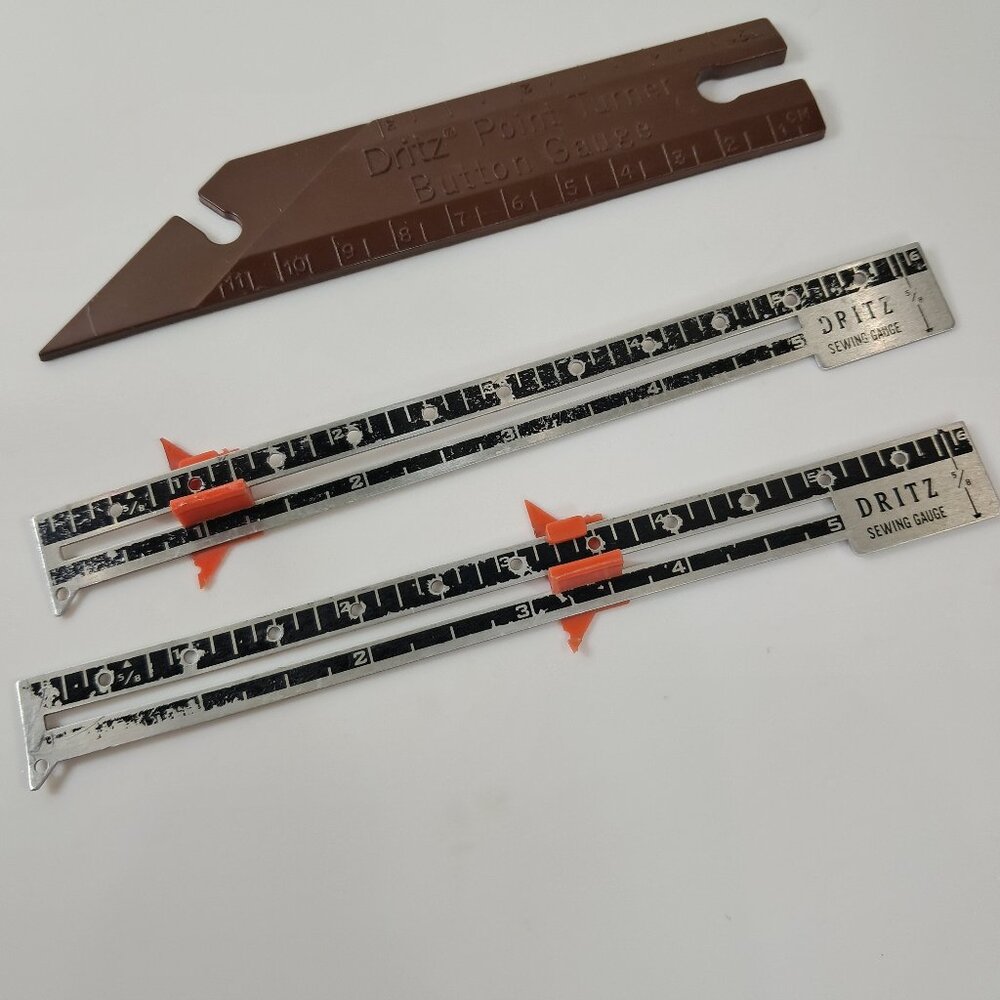 Vintage Dritz‎ All Metal Measuring Sewing Gauge slide ruler & button gauge brown